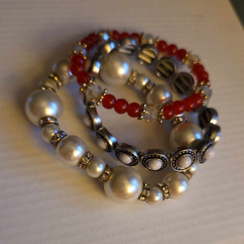 Pearl and Red Stretch Beaded Bracelets 3 Bundle